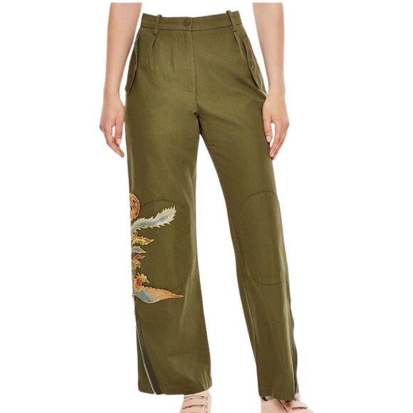 Sandro Glenwood Embroidered Wide Leg High Waist Pants Olive Green New Size 36